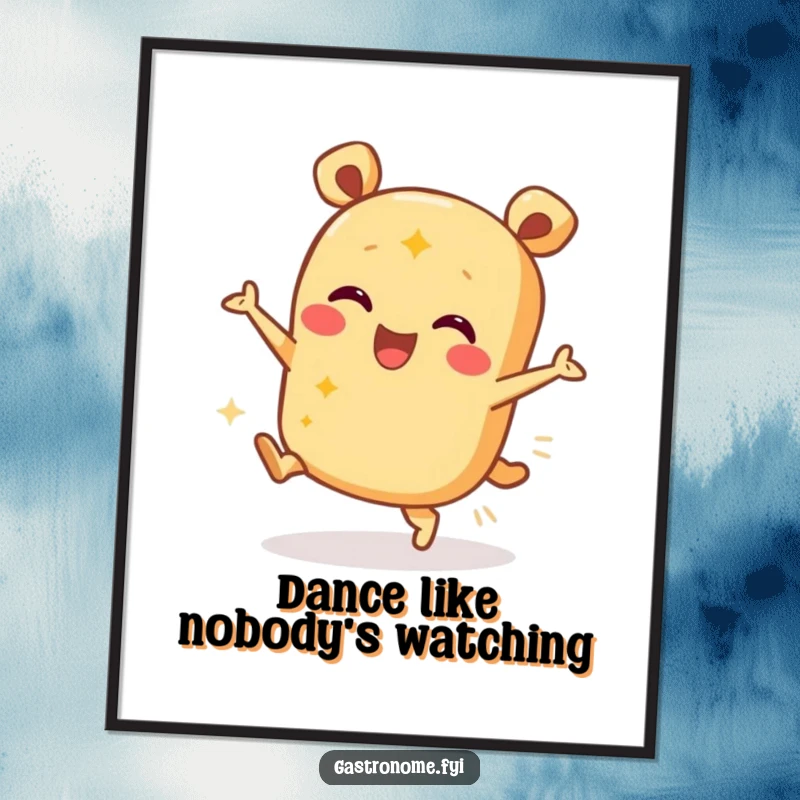 Funny poster of a joyful burrito character doing a happy dance, adding vibrant energy and humor to wall decor.