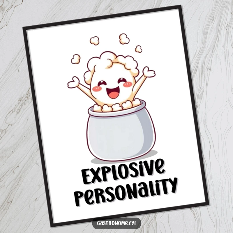 Funny popcorn kernel poster, captured mid-giggle as it leaps from a kettle, bringing dynamic humor and energetic design to any wall.