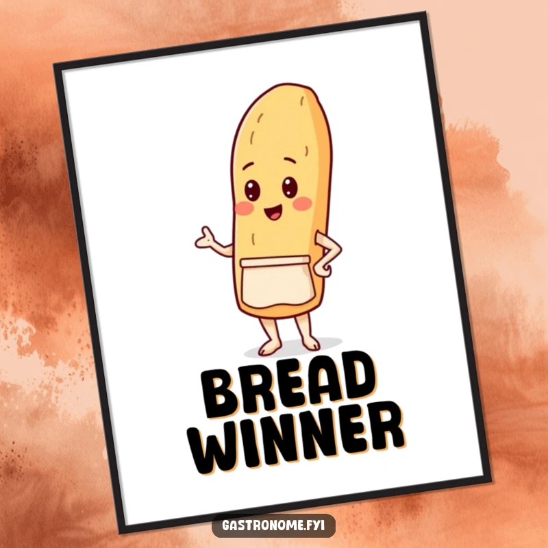 Funny poster art of a proud baguette character wearing a tiny apron, exuding culinary confidence and playful charm.
