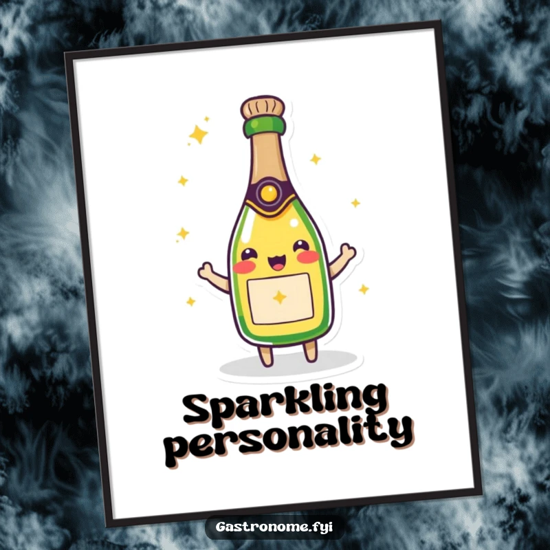 Funny poster showcasing a beaming champagne bottle character, sparkling with effervescent joy and adding a festive, humorous vibe.
