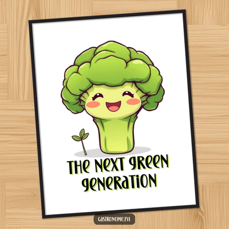 Funny art poster featuring a beaming broccoli character proudly presenting a tiny sprout, symbolizing growth and healthy living humorously.