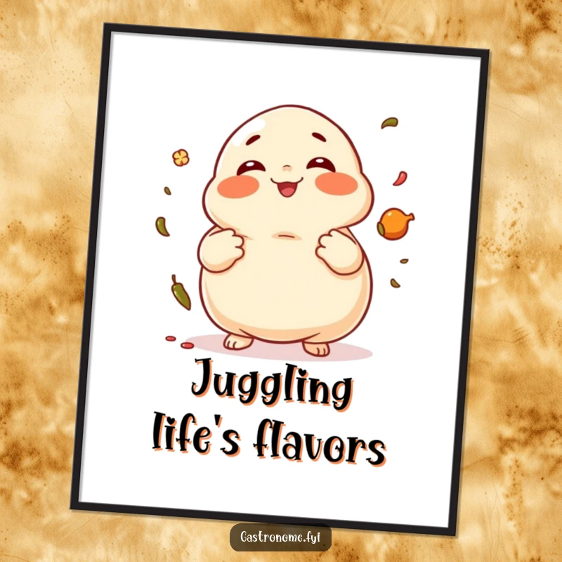 Funny Dumpling Poster displaying a giggling dumpling character juggling spices, adding whimsical art.