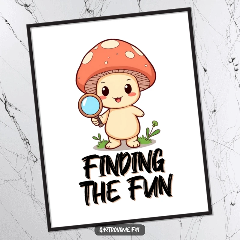 Funny happy mushroom character holding a magnifying glass, vibrant and humorous wall art. Perfect for a curious space.