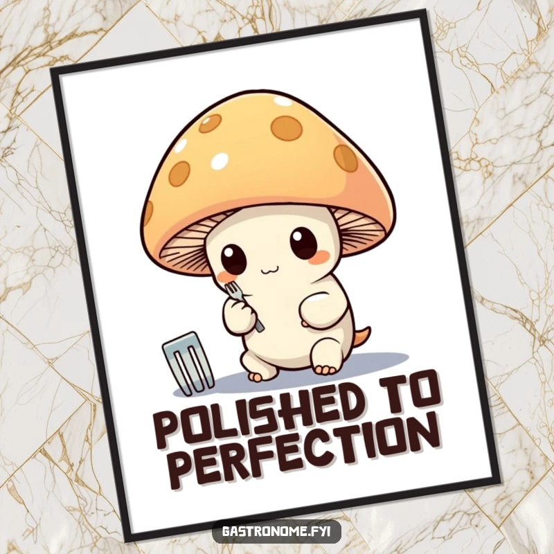 Funny poster art of a whimsical mushroom character meticulously polishing a tiny silver fork, adding a touch of refined silliness to any room.
