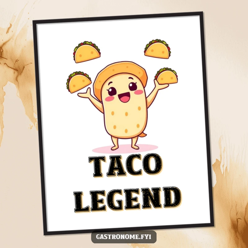 Funny poster art of a cheerful taco character juggling mini tacos, radiating energy and festive fiesta spirit.
