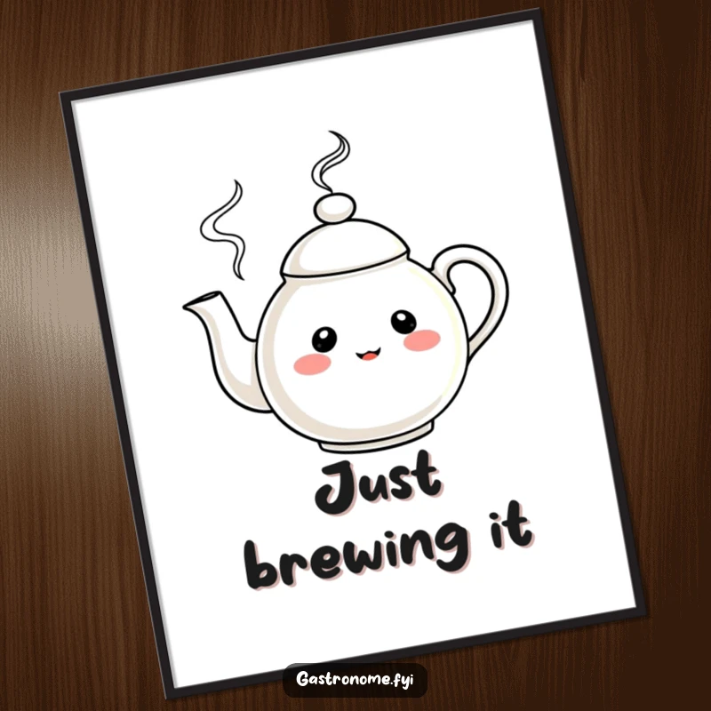 Funny Poster print of a curious teapot character with merrily swirling steam, adding whimsical humor to wall art.