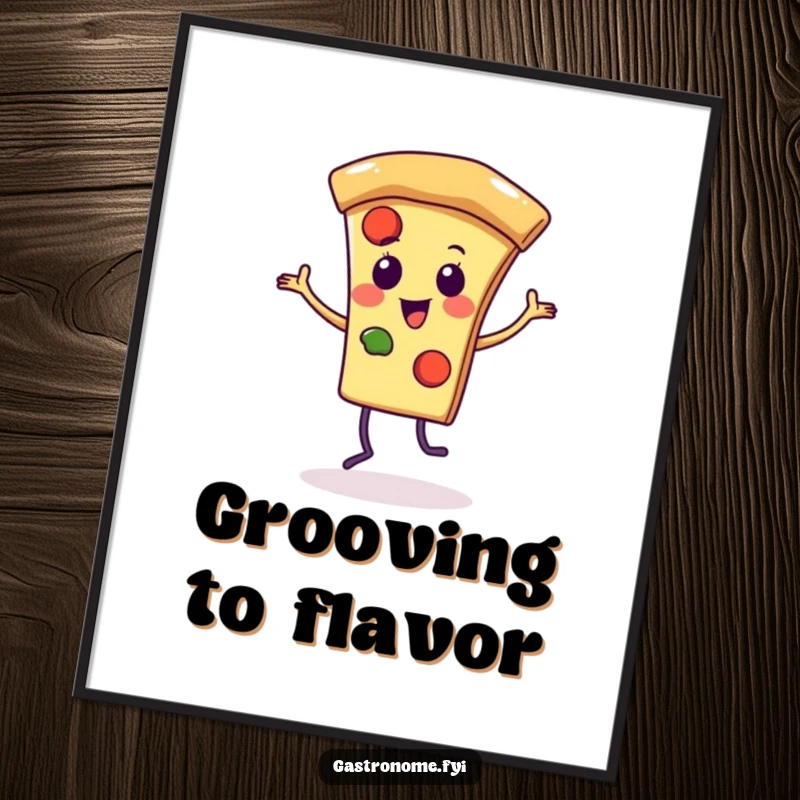 Funny poster illustration of a delightful pizza slice character in a joyful dance pose, bringing energy and appetite to the room.