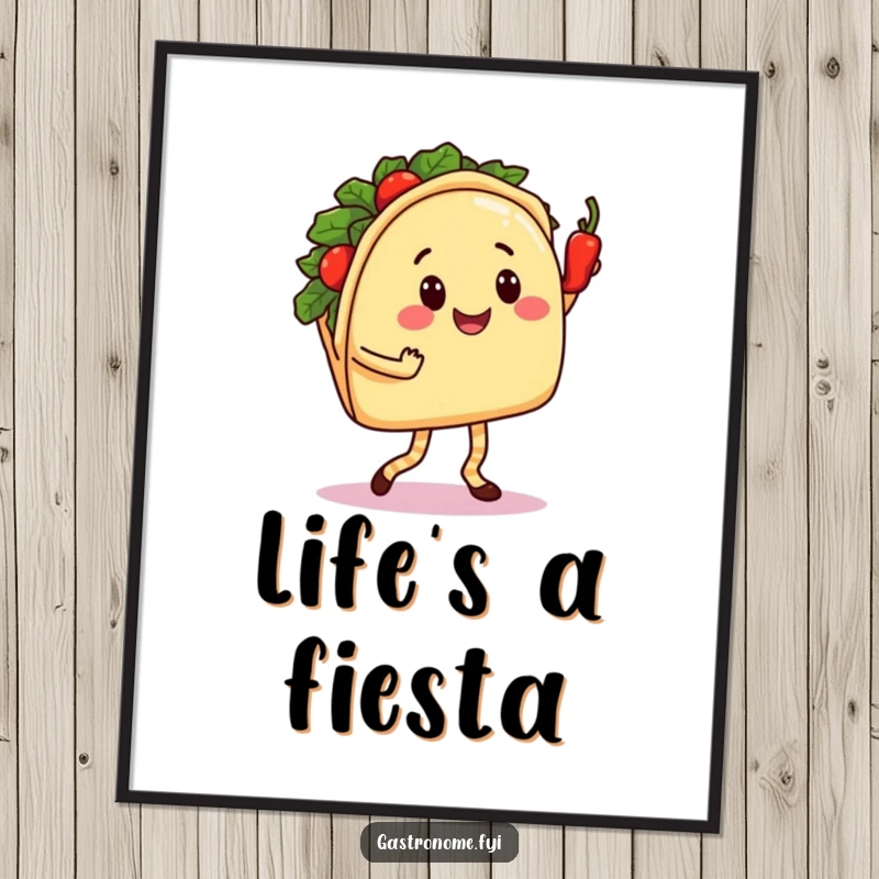 Funny Taco Dance Poster: Smiling Taco Character Salsa Dancing with a Spicy Pepper, Humorous Fiesta Wall Art