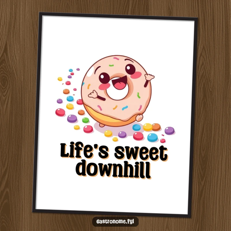 Funny art poster featuring a joyful donut character rolling downhill, leaving a trail of colorful candies, a whimsical wall decoration.
