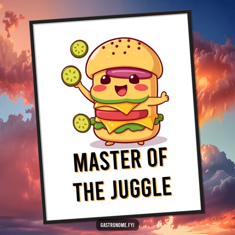 Funny Cheeseburger Poster: Delighted Character Juggling Pickle Slices, Humorous Foodie Wall Art