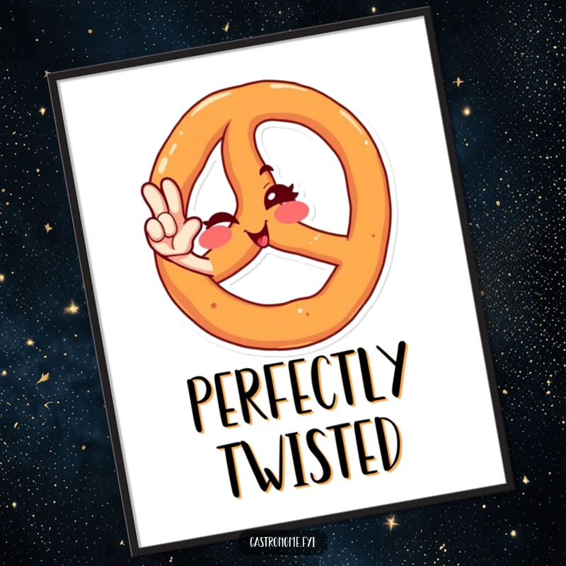 Funny poster showcasing a pretzel character winking and performing a stylish salute, adding a touch of whimsical humor to any decor.