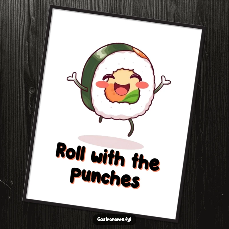 Funny poster: A happy sushi roll with legs performing a silly jig, a lively and humorous piece of wall art.