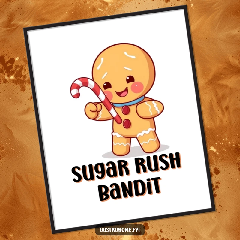 Funny poster of a mischievous gingerbread man character stealing a small candy cane, depicting a scene of playful holiday indulgence.