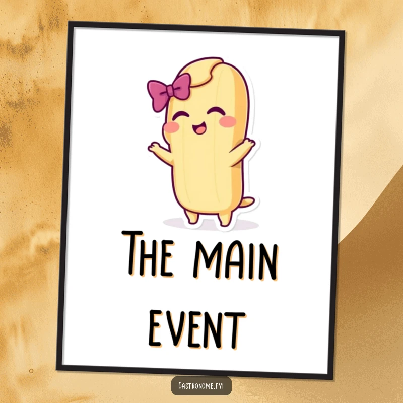 Funny poster featuring a cheerful baguette character taking a dramatic bow with a flourish, ideal for theatrical wall art.