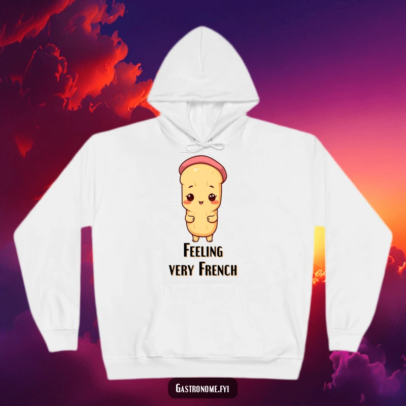 Funny hoodie featuring a proud baguette character adorned with a small beret, offering warmth and a dash of French-inspired comedy.