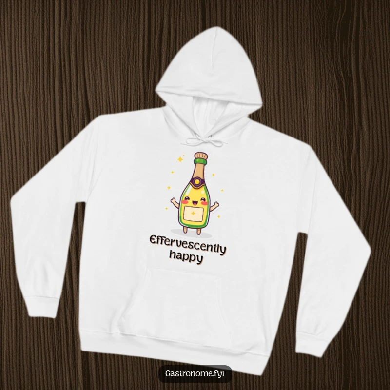 Funny hoodie featuring a beaming champagne bottle character, radiating warmth and bubbly joy for cozy, celebratory moments.