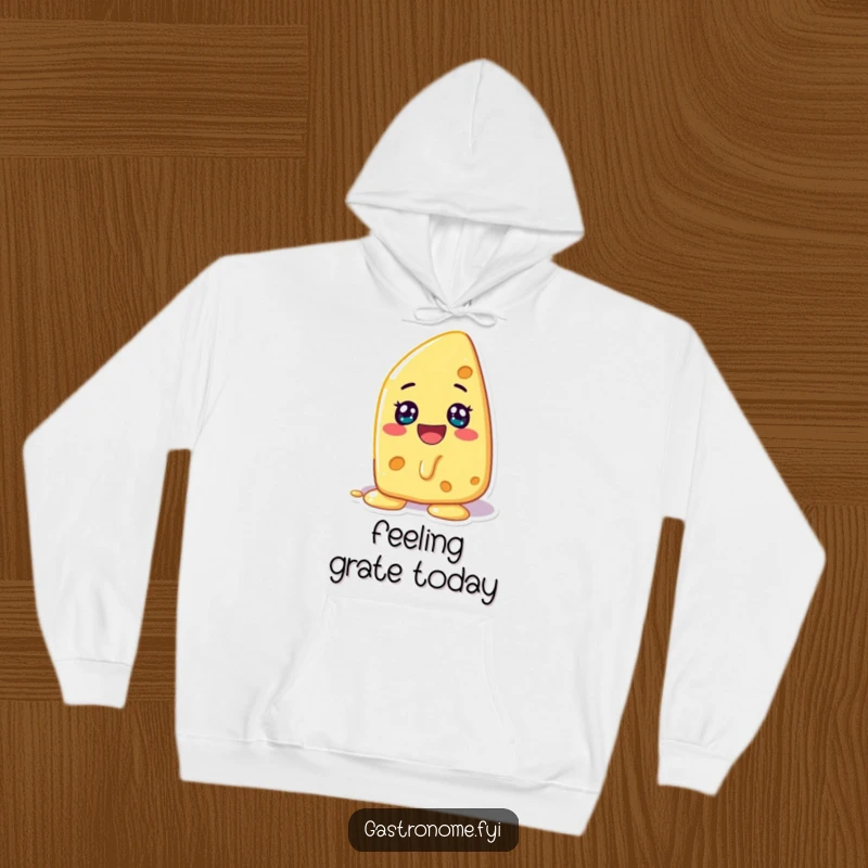 Funny hoodie featuring a cheerful cheese character melting with glee, offering maximum comfort and cheesy humor.