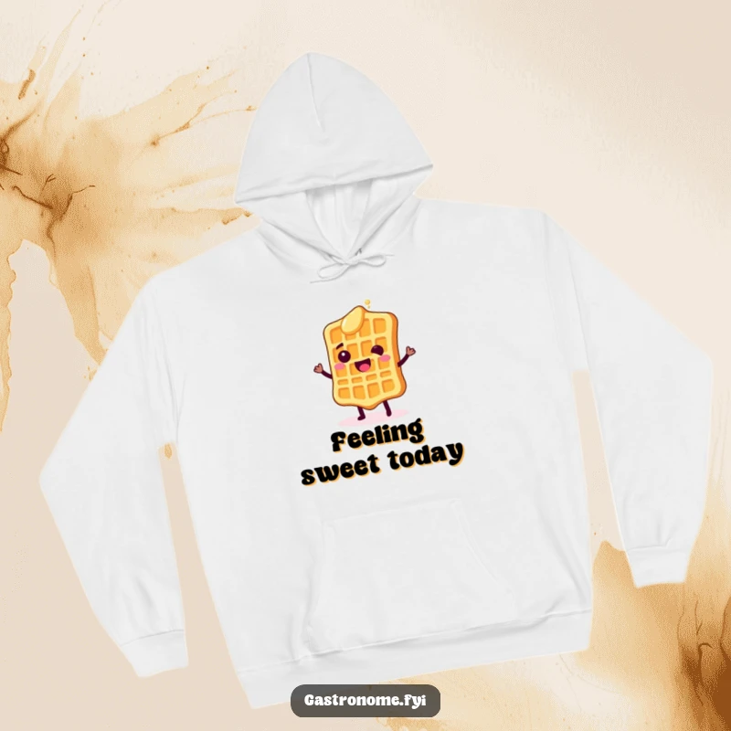 Funny hoodie featuring a happy waffle character doing a delightful shimmy with syrup drops, offering warmth and a dash of delicious fun.