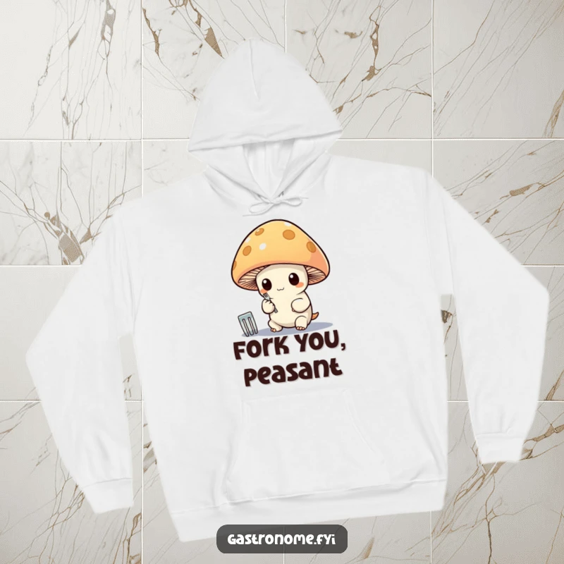 Funny hoodie depicting a detailed whimsical mushroom character carefully polishing a tiny silver fork, embodying meticulous humor.