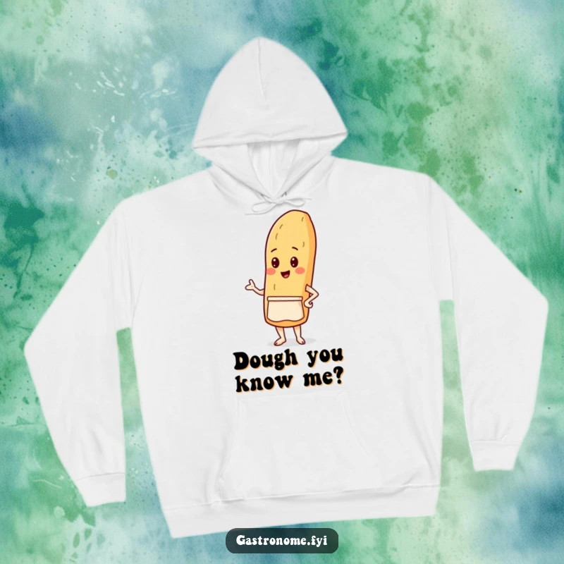 Funny hoodie featuring a proud baguette character in a tiny apron, ready for a cozy day of baking or relaxing.
