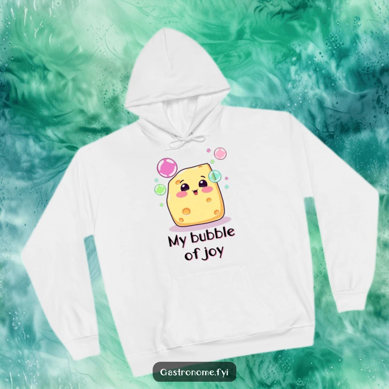 Funny cheese wedge character blowing rainbow bubbles, designed for cozy and humorous wear on a hoodie.