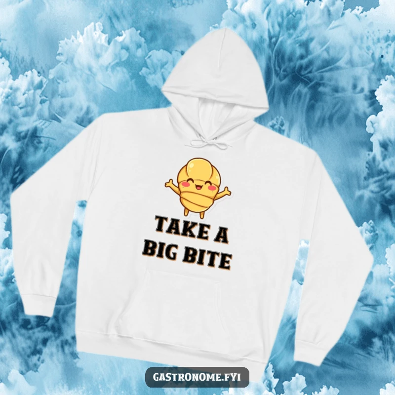 Funny Croissant Hoodie featuring a smiling croissant character with open arms, perfect for staying warm.