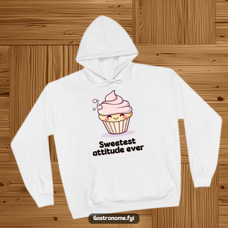 Funny hoodie depicting a smiling cupcake character dramatically blowing a small puff of frosting, ideal for fans of sweet and whimsical designs.