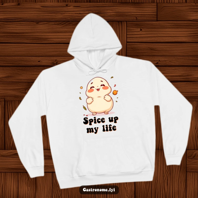 Funny Dumpling Hoodie featuring a giggling dumpling character juggling spices, perfect for staying warm.