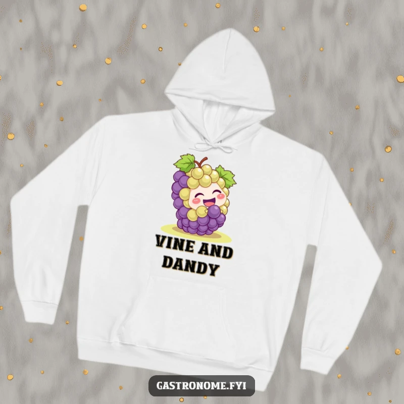 Funny grape cluster character joyfully rolling down a hill, depicted on a soft hoodie, radiating infectious laughter and playful energy for ultimate comfort.