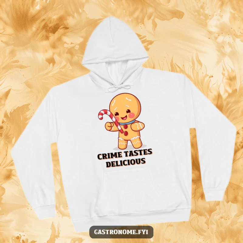 Funny hoodie showing a mischievous gingerbread man character stealing a tiny candy cane, combining warmth with holiday trickery.