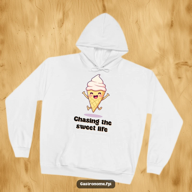 Funny ice cream cone character doing a playful leap, designed for cozy and humorous wear on a hoodie.