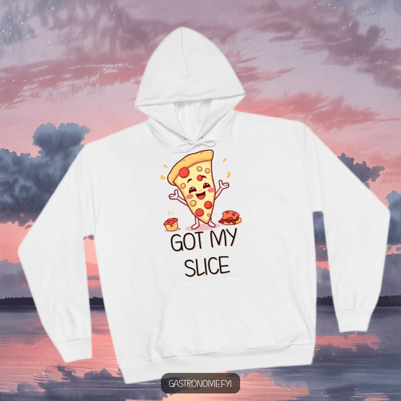 Funny hoodie with a happy pizza slice character with a cheesy grin gesturing towards a giant feast, perfect for cozy humor.
