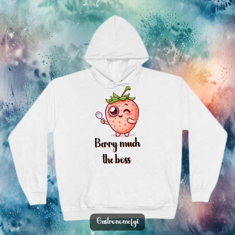 Funny Strawberry Hoodie featuring a delighted strawberry in a monocle holding a spoon, perfect for warmth.