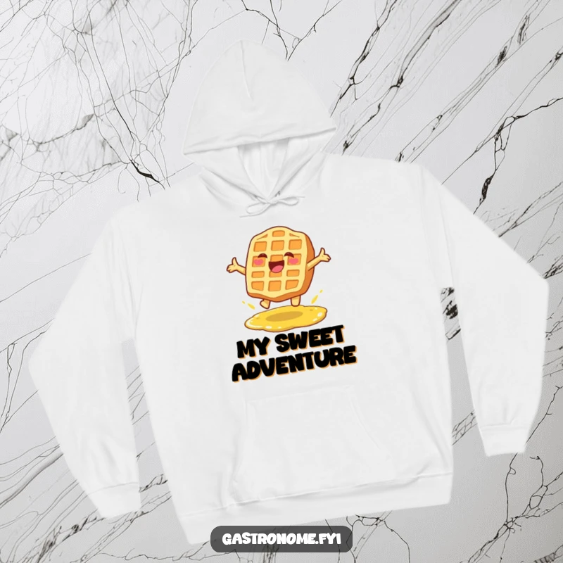Funny hoodie featuring a delighted waffle character mid-leap over syrup, offering comfort and a touch of breakfast cheer.