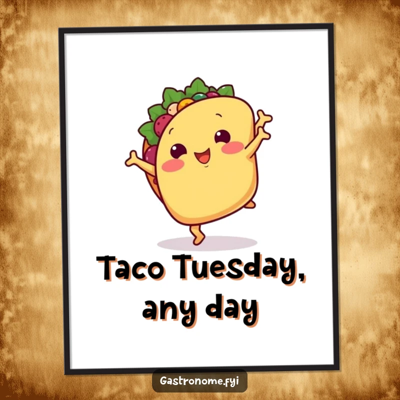 Funny Free Printable Wall Art: A smiling taco with tiny arms performs a cartwheel, bringing vibrant, celebratory energy. DIY decor.