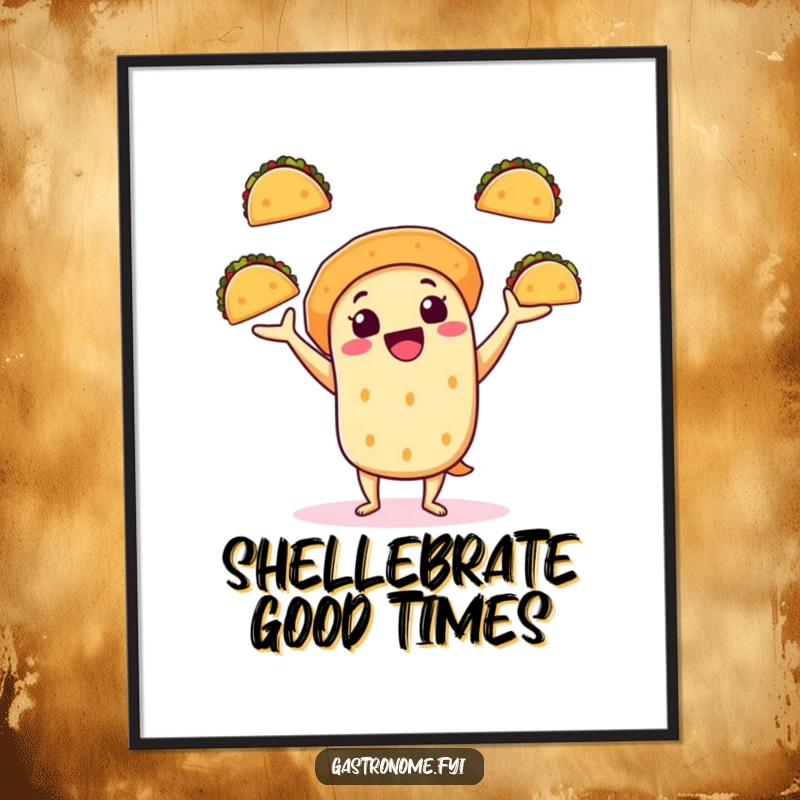 Funny Free Printable Wall Art: A cheerful taco character dynamically juggling mini tacos, adding a vibrant and humorous touch.