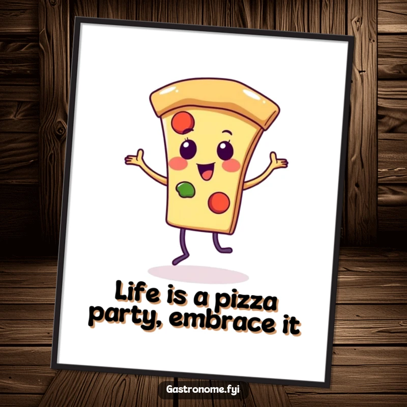 Funny Free Printable Wall Art: Vibrant pizza slice character joyfully dancing, celebrating food and fun.
