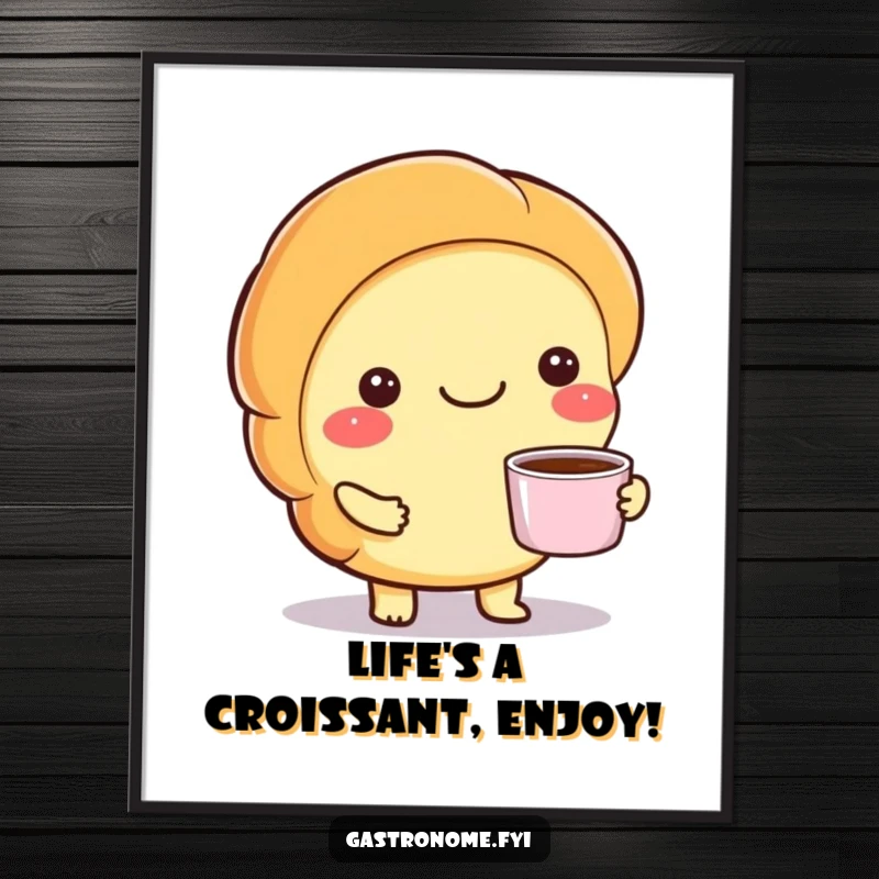 Funny Free Printable Wall Art: A smiling croissant character acts as a barista, serving a tiny cup of coffee.
