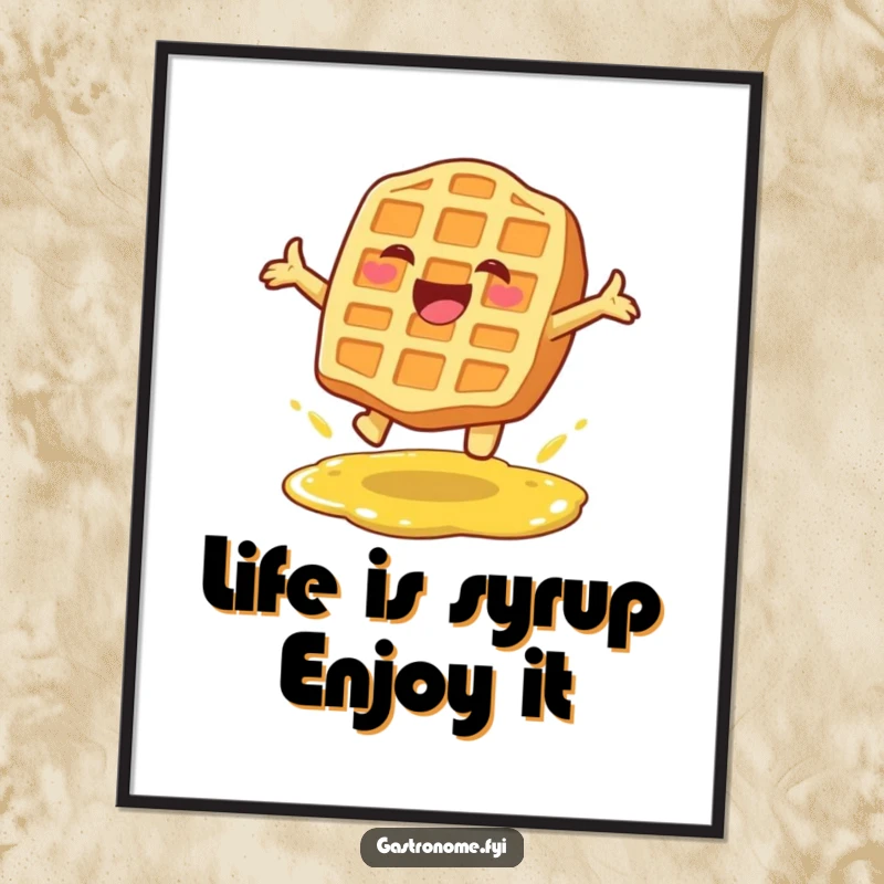 Funny free printable wall art: A delighted waffle character leaping energetically over a syrup puddle, adding whimsy to decor.