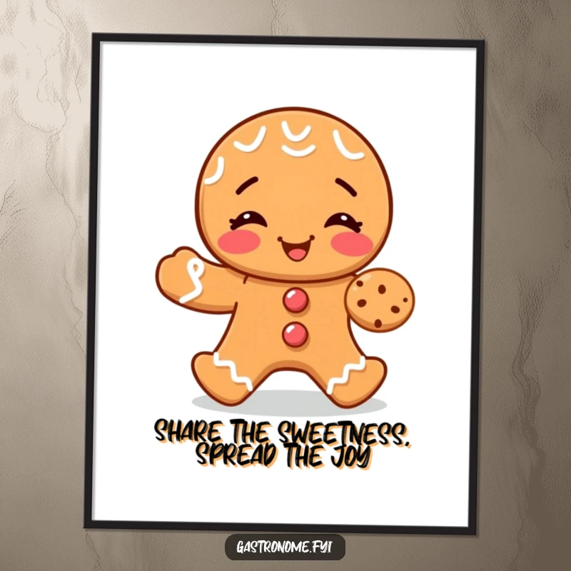Funny Free Printable Wall Art: Giggling gingerbread man character joyfully shares a tiny cookie.