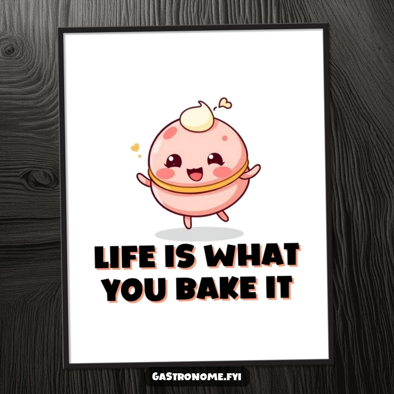 Funny Free Printable Wall Art: A giggling macaroon character playfully bounces with cream, adding sweet and humorous charm to any room.