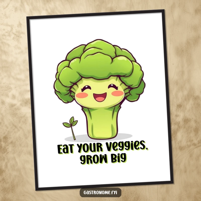 Funny Free Printable Wall Art: Smiling broccoli character proudly presenting a tiny sprout. Wholesome and cheerful garden art.
