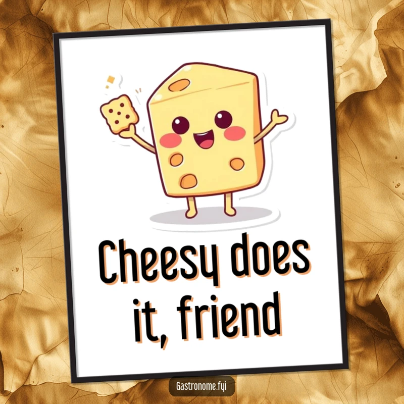 Funny Free Printable Wall Art of a smiling cheese wedge character masterfully balancing a tiny cracker with exceptional flair. Amusing decor.