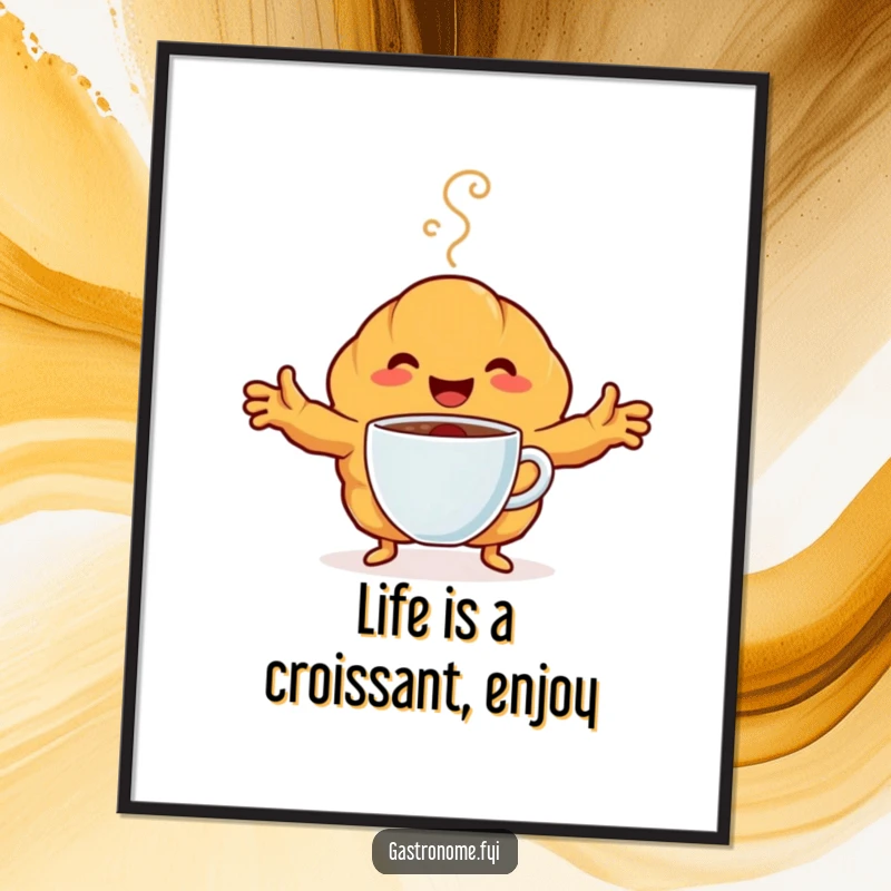 Funny Free Printable Wall Art of a happy croissant character embracing a steaming coffee cup with outstretched arms.