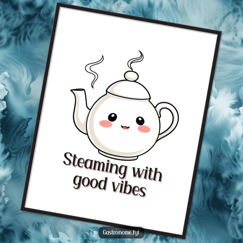 Funny Free Printable Wall Art depicting a curious teapot character with cheerful swirling steam, adding whimsy to any room. For decor.