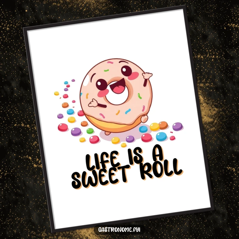 Funny Free Printable Wall Art: Cheerful donut character joyfully rolling downhill, scattering colorful candies. Whimsical and fun decor.