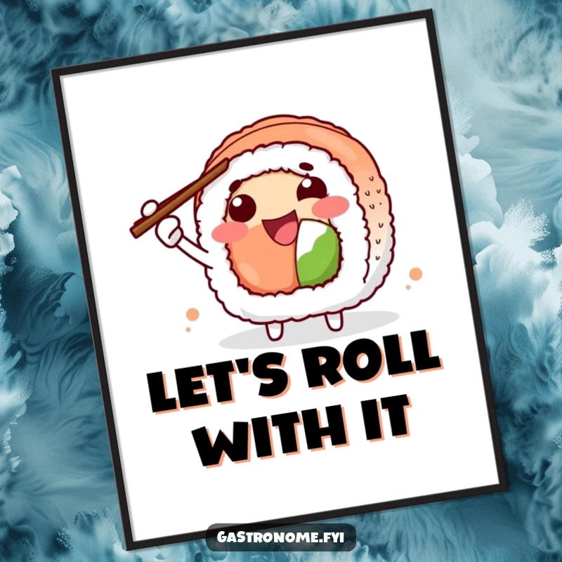 Funny Free Printable Wall Art of a joyful sushi roll character with chopsticks enthusiastically gesturing, adding a touch of humor.