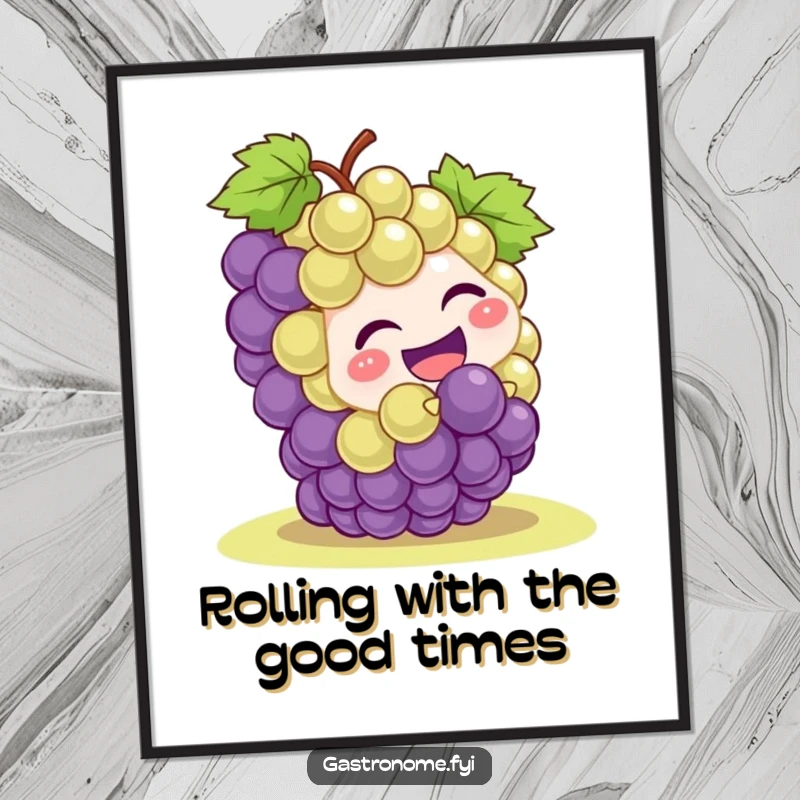 Funny Free Printable Wall Art of a giggling grape cluster character playfully rolling downhill, exuding pure joy.