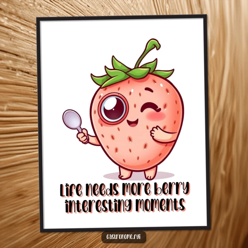 Funny Free Printable Wall Art of a delighted strawberry character wearing a monocle and holding a spoon, looking sophisticated.