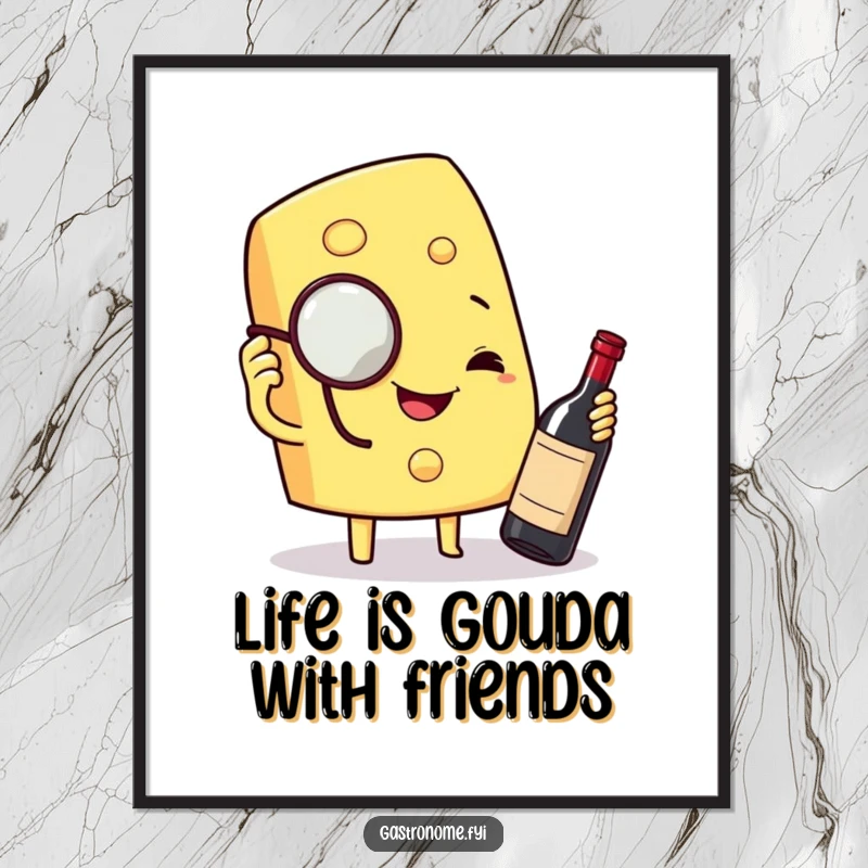 Funny Free Printable Wall Art: Elegant cheese wedge character with monocle examining a tiny wine bottle. Sophisticated and humorous decor.